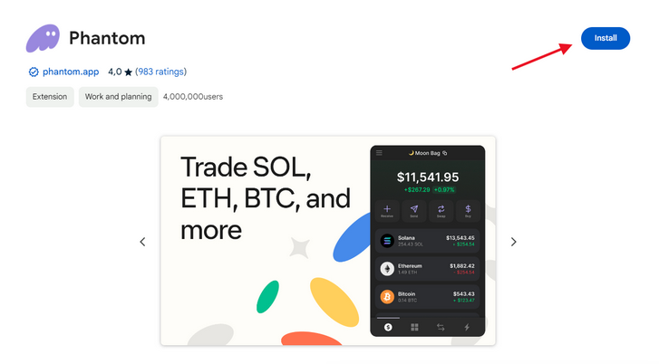 Установка Phantom в Chrome Web Store